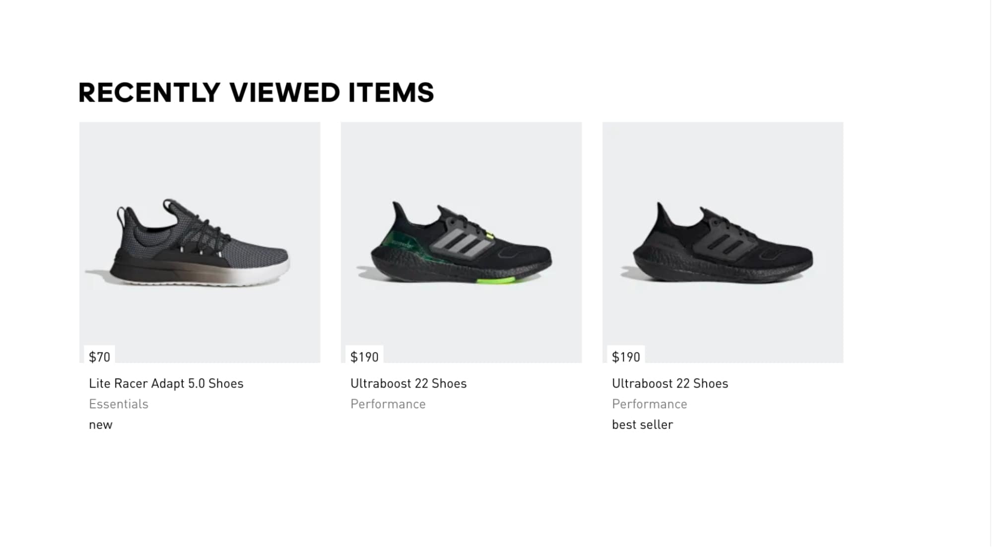 "Recently Viewed Items" feature from the Adidas.com website