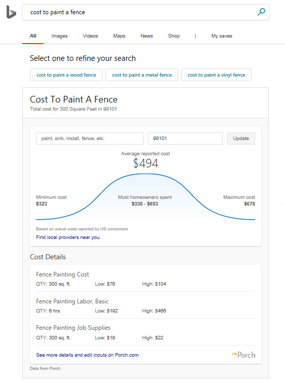Bing has also added a "Home Services" feature allowing you to see the typical price range for service - the screenshot shows an example for "cost to paint a fence"