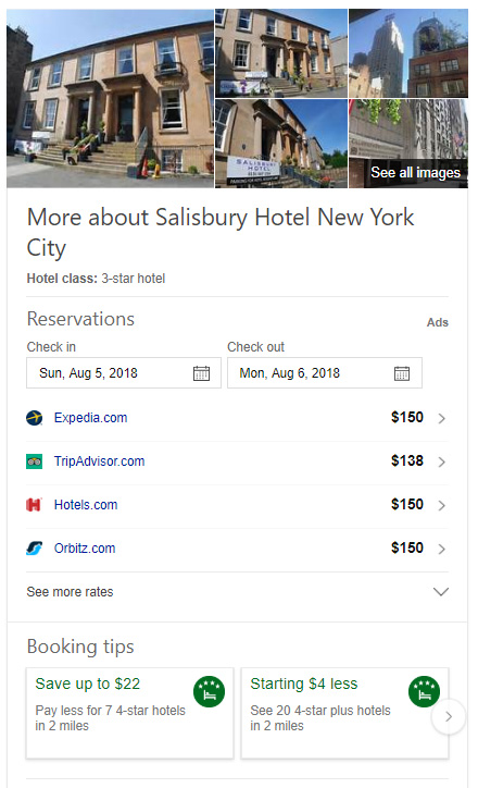 Bings Hotel bookings panel allowing users to get price comparisons direct in the SERP