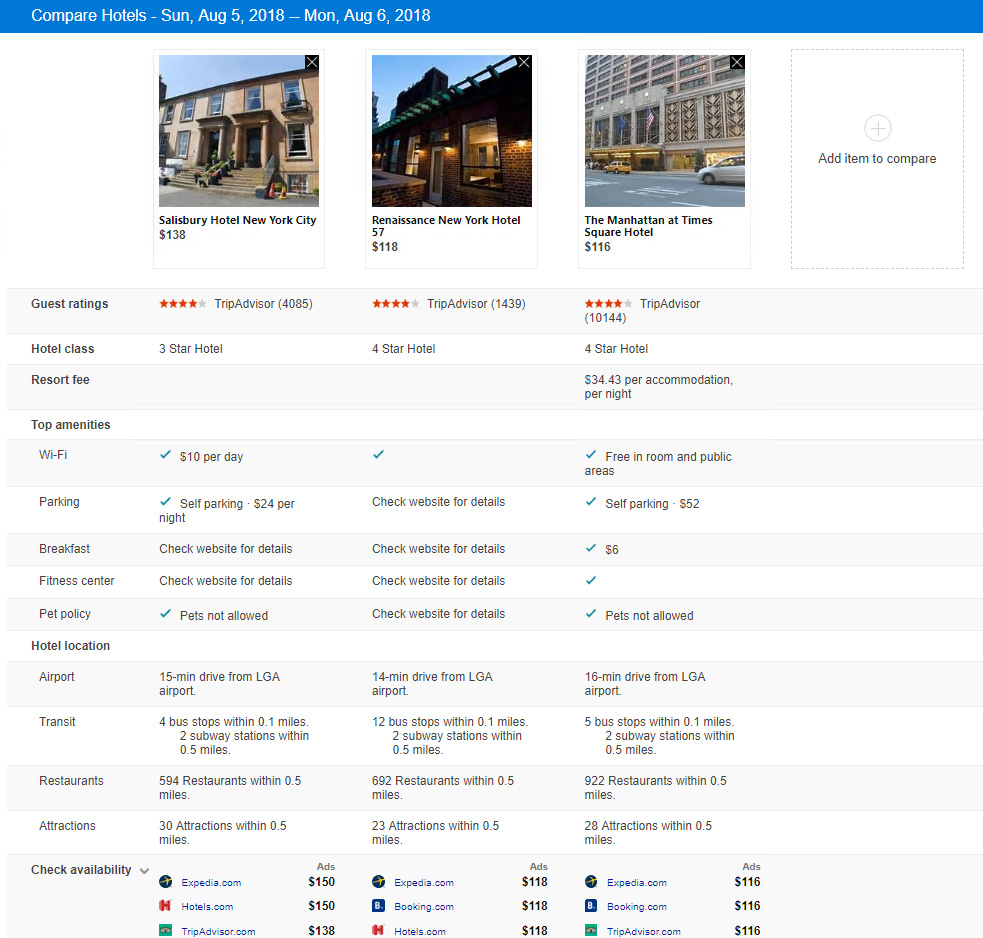 Bing have also added a hotel compare feature which allows you to compare the features, quality and standard of a hotel.