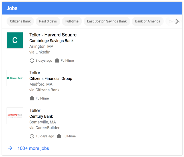 Screenshot of Googles Job Postings feature in the SERPS