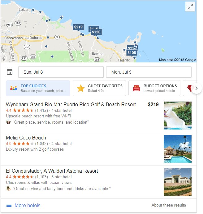 Image of Google's Hotels Carousel feature which they are testing.