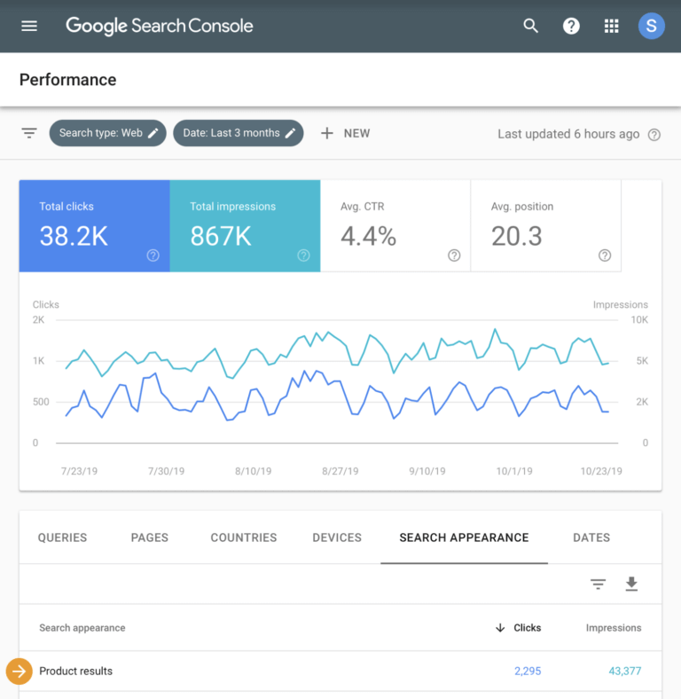 Google Search Console performance report product results filters added
